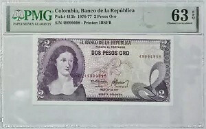 証明書ハイシリアル 49999998 2 ペソ 20.07.1977 コロンビア PMG 63EPQ Pick#413b｜WORLD RESOURCE【KING店】