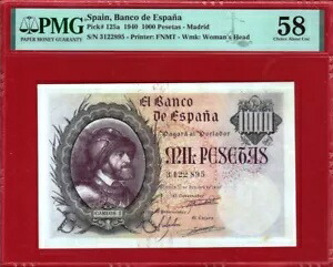 1000 ペセタ、1940 年「カルロス 1 世」証明書 PMG 58|WORLD RESOURCE【KING店】