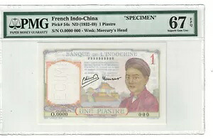 フランス領インドシナ - 標本 1 ピアストル 1932-49 ピック番号 54 秒 PMG: 67 EPQ 。 (#1590)|WORLD RESOURCE【KING店】