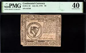 大陸通貨 Fr#CC-45 1776 年 7 月 22 日 $8 PMG 40 *希少発行*|WORLD RESOURCE【KING店】