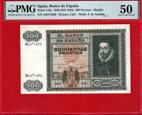 500 ペセタ、1940 年「フアン・デ・オーストリア」証明書 PMG 50 未流通について。|WORLD RESOURCE【KING店】