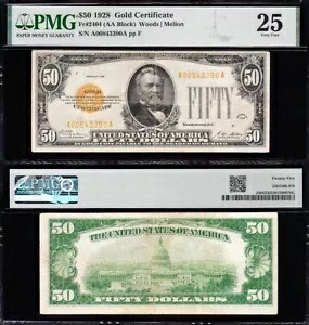 非常に素晴らしい *希少* 大胆で鮮明な VF+ 1928 $50 ゴールド証明書! PMG25！送料無料！｜WORLD RESOURCE【KING店】