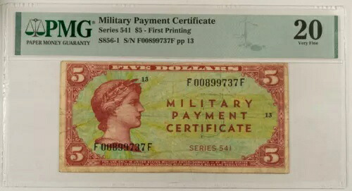 軍用支払証明書、シリーズ 541、第 1 刷 $5、S856-1、PMG VF-20!