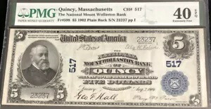 1902年-$5PB-マサチューセッツ州クインシーのN MOUNTWOLLASTON B-PMG-40EPQ。珍しくてとても素敵なN.