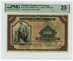パラグアイ ... P-155a ... 1000 ペソ ... 1923 ... Choice*VF+* PMG 25.