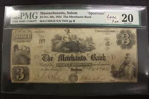 1854 $3 マーチャンツ バンク マサチューセッツ - PMG 20 「スプリアス」 レア