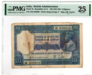 インド / 英国政府、10 ルピー Jhun&Rez 3.7.2(1917-30)、PMG 25 VFINE|WORLD RESOURCE【KING店】