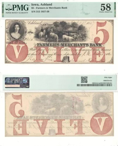 1857-59 $5 ファーマーズ & マーチャンツ バンク アイオワ州アシュランド PMG Ch AU-58｜WORLD RESOURCE【KING店】