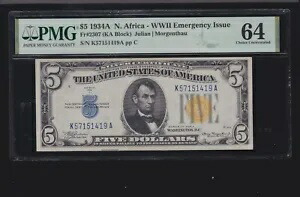 US 1934A $5 北アフリカ暫定 (KA ブロック) FR 2307 PMG 64 Ch CU (419)