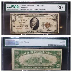 アラバマ州リンデン - $10 1929 Ty. 2 ファースト ナショナル バンク #7148 PMG VF-20 KVE Investments
