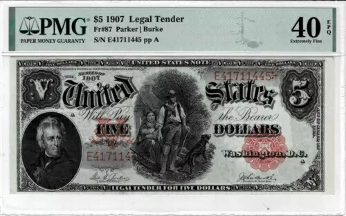 1907 年 $5 法定通貨「きこり」 fr. 87-PMG 極細 40 EPQ--LOW ポップ Fr#