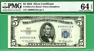 低 3 桁シリアル A00000116A - 1953 $5 SC - EPQ 付き PMG CU 64 - 116 番目のメモ!!!｜WORLD RESOURCE【KING店】