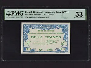 フランス領オセアニア:P-12c、2 フラン、1943 * 第二次世界大戦 * PMG AU 53 *|WORLD RESOURCE【KING店】