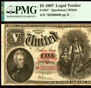 1907年 $5 法定通貨 PMG ベリーファイン 20 - スター - ウッドチョッパー - Fr 91*｜WORLD RESOURCE【KING店】