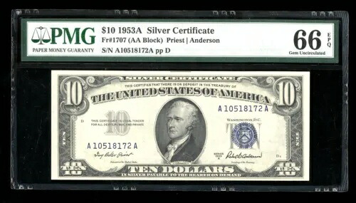 DBR 1953-A $10 シルバー Fr. 1707 ジェム PMG 66 EPQ シリアル A10518172A