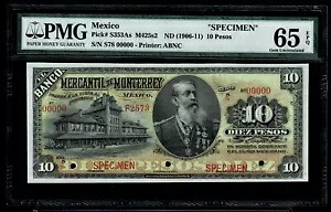 1906-1911 メキシコ アンティーク $10 ペソ「SPECIMEN Mercantil De Monterey PMG 65」|WORLD RESOURCE【KING店】