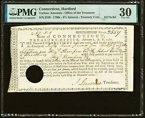 1780 年代のコネチカット植民地財務省ノート - 魅力的な植民地文書 - PMG 30