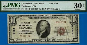 1929 $10 National Bank ニューヨーク州グランビル CH# 3154 PMG 30EPQ トップ ポップ 1/0