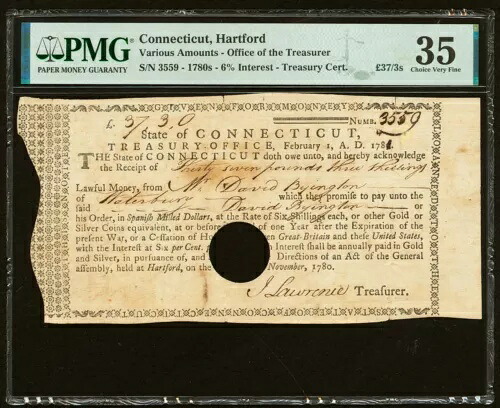 1780 年代のコネチカット植民地財務省ノート - 魅力的な植民地文書 - PMG 35｜WORLD RESOURCE【KING店】