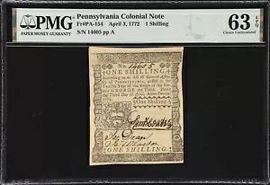 PA-154 ペンシルベニア。 1780年4月3日 1シリング。 PMG Choice 非流通 63 EPQ｜WORLD RESOURCE【KING店】