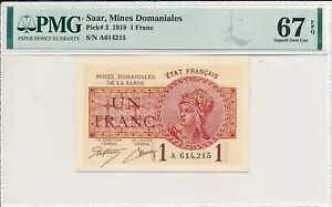 鉱山 ドマニア ザール 1 フラン 1919 プレフィックス A PMG 67EPQ｜WORLD RESOURCE【KING店】