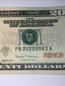2017 米ドル 20 ドル紙幣 (00220063) クアッド ペア ファンシー シリアル番号