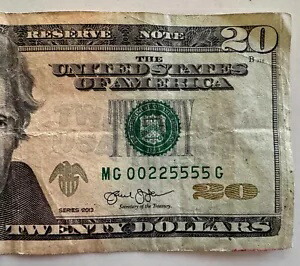 US 20 ドルのレア ロー シリアル番号、4 種類および 2 ペア合わせて: MG 00225555 G
