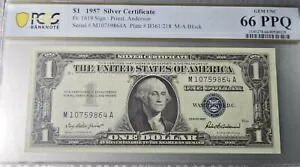 1957A の 1 ドル銀証明書。 FR 番号: 1619。PCGS 紙幣の等級: 66 PPQ。