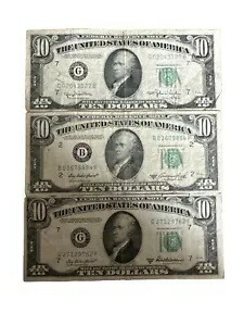 1950 年の 10 ドル連邦準備銀行券 3 枚 - グリーン シール