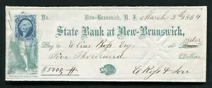 1864 年 ニュージャージー州ニューブランズウィックの州立銀行 $5,000 切手付き小切手