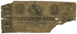 18XX Citizens Bank of Baltimore、メリーランド州 $2 紙幣 5-27-7A R-6 (59224)