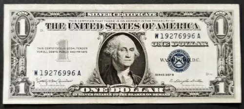 US $1、1 ドル 1957 B、銀証明書、F++。誕生日ノート - 1927 -