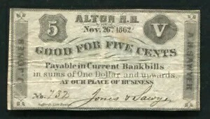 1862 年 5 セント J. ジョーンズ A.H. ソーヤー アルトン、ニューハンプシャー州 時代遅れのメモ