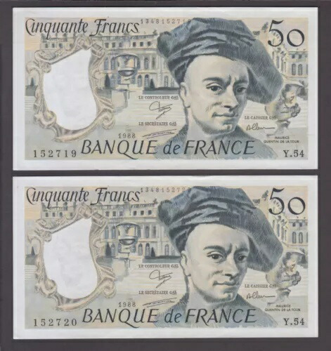 フランス紙幣 P. 152d-2719-20 50 フラン 1988 Y.54 連続ペア、VF-EF 2005