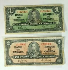 1937 年 カナダ銀行 1 ドル紙幣 1 枚および 2 ドル紙幣 2 枚 2 枚ロット ゴードン/タワーズ