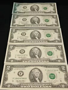鮮明な未流通米国 2 ドル紙幣 - 5 枚の連続ロット - 1995 シリーズ