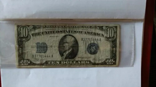 Fr.1704 1934 C $10 シルバー証明書、非常に細かい状態の青いシール。エラー