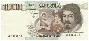 100000 リラ BANCA D'ITALIA CARAVAGGIO I TIPO LETTERA E 06/03/1992 SPL/SPL+