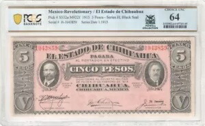 メキシコ Rev / El Estado de Chih P#S532a M922f 1915 5 ペソ PCGS Ch UNC 64