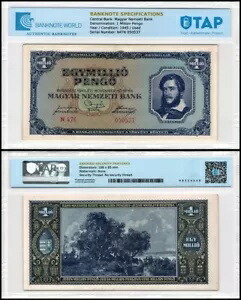 ハンガリー 100万ペンゴ、1945年、P-122、中古、認証済み