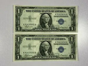 ロット 2-1935A シリーズ FR1608 $1 ドル ブルー Unc シール シルバー証明書 Seq SN