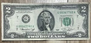 G 00367762 A : 末尾年 1978 年 $2 2 ドル紙幣低額シリアル番号