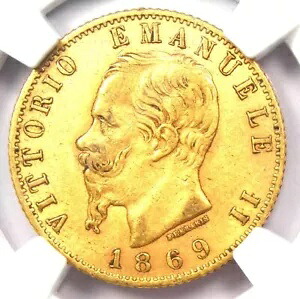 ゴールド 1869 イタリア ヴィットリオ エマヌエーレ 2 世 20 リラ 金貨 G20L - 認定 NGC AU58｜WORLD RESOURCE【KING店】