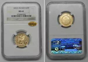 1893 年フランス 20 フラン金貨、NGC MS62、WINGS #9035|WORLD RESOURCE【KING店】