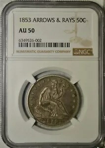 1853 年着席ハーフダラー、アローズ アンド レイズ、NGC AU50.....タイプ コイン会社