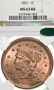 1851 1C NGC MS63 RB CAC 編み込みヘア ラージ セント
