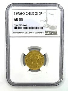 1896 チリ 10 ペソ金貨、NGC AU-55、0.176 AGW、サンティアゴ造幣局|WORLD RESOURCE【KING店】
