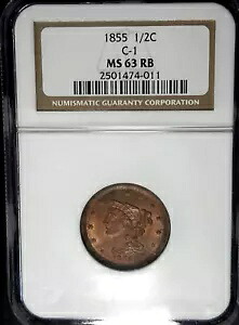 1855 編み込みヘア ハーフセント NGC MS63 RB チョイス レッドブラウン 光沢｜WORLD RESOURCE【KING店】
