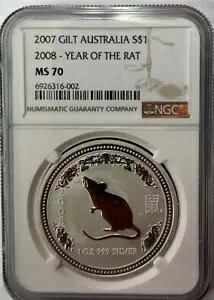 2007 シルバー オーストラリア 1 オンス ギルト $1 2008 年 ラットの年 月のコイン NGC MS 70 レア|WORLD RESOURCE【KING店】