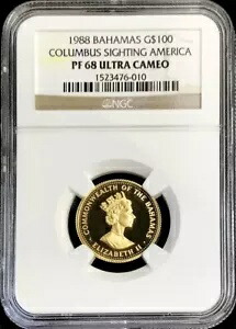 1988 ゴールド バハマ 854 ミント プルーフ $100 コロンバス サイティング アメリカ NGC PF 68 UC画像